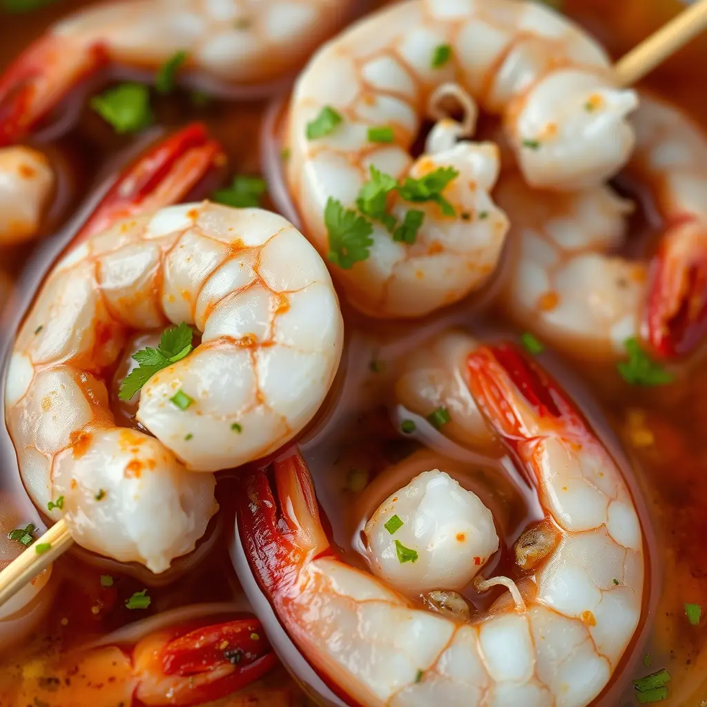 Grilled BBQ shrimp skewers with a smoky glaze, garnished with fresh herbs and lemon wedges on a rustic wooden plate.