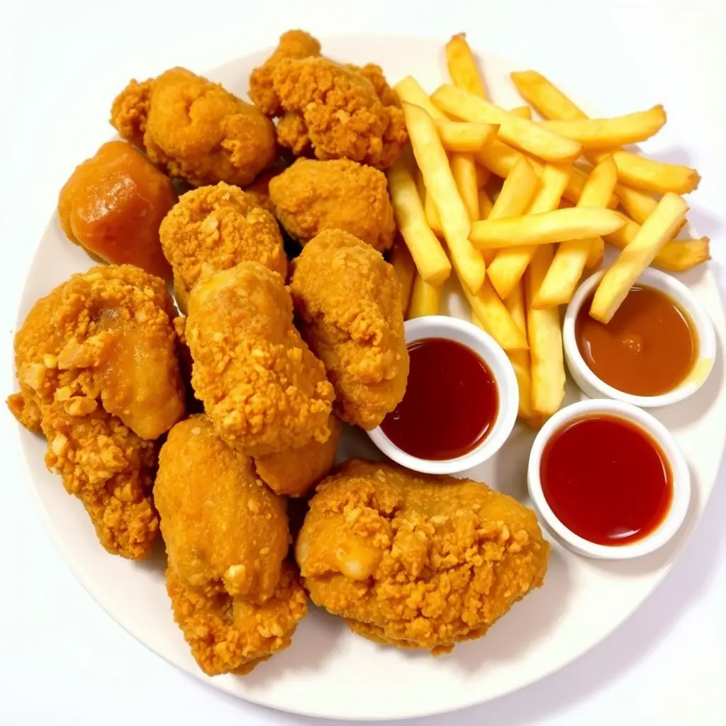 Crispy and juicy fried chicken from Crown Fried Chicken, served with golden fries and dipping sauces.