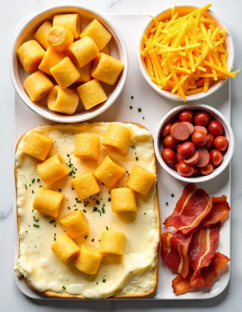 Key ingredients for Tater Tot Breakfast Casserole: tater tots, eggs, shredded cheese, sausage, and crispy bacon.