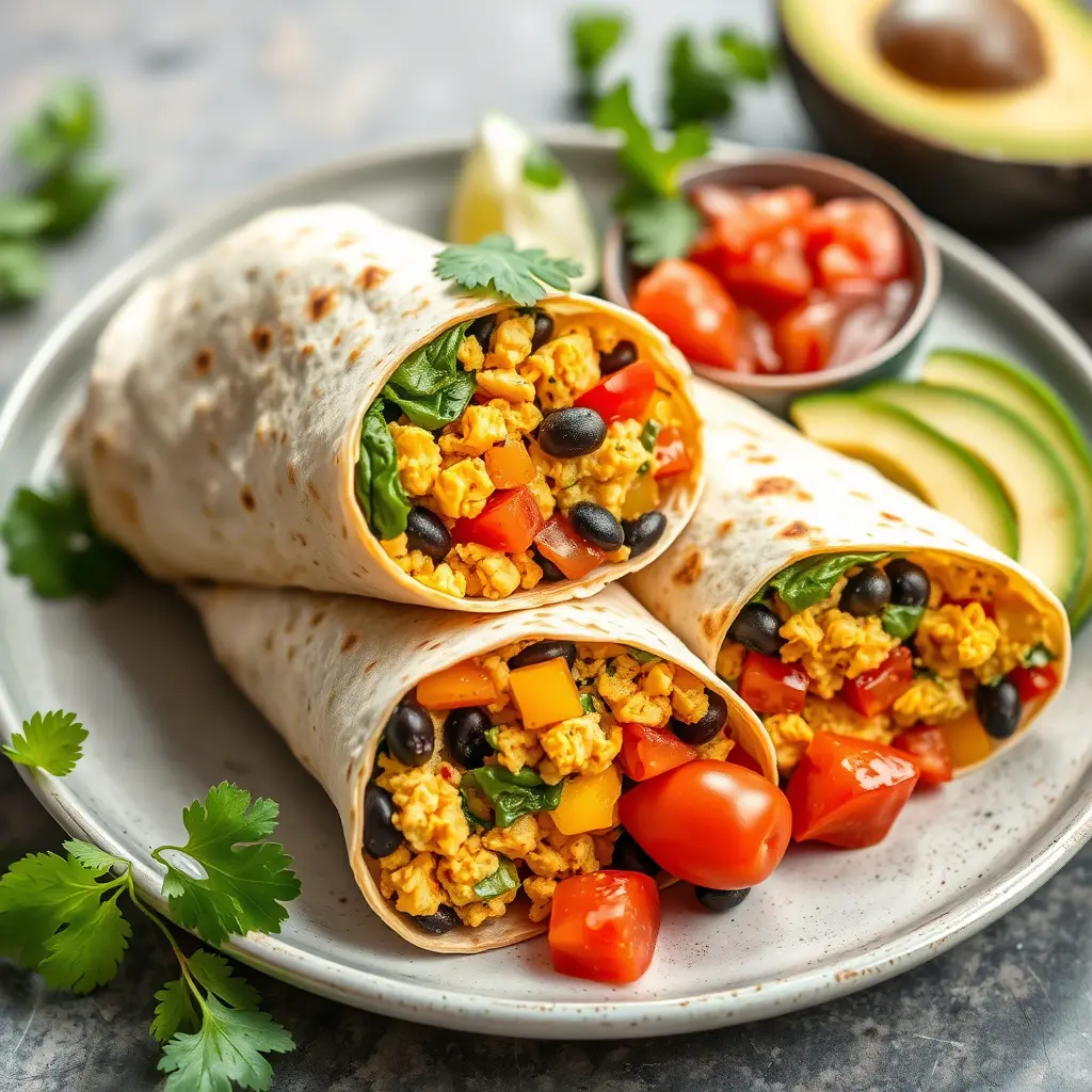 Vegan breakfast burritos filled with tofu scramble, black beans, avocado, and fresh salsa