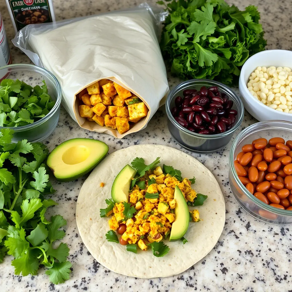 Vegan breakfast burritos filled with tofu scramble, black beans, avocado, and fresh salsa