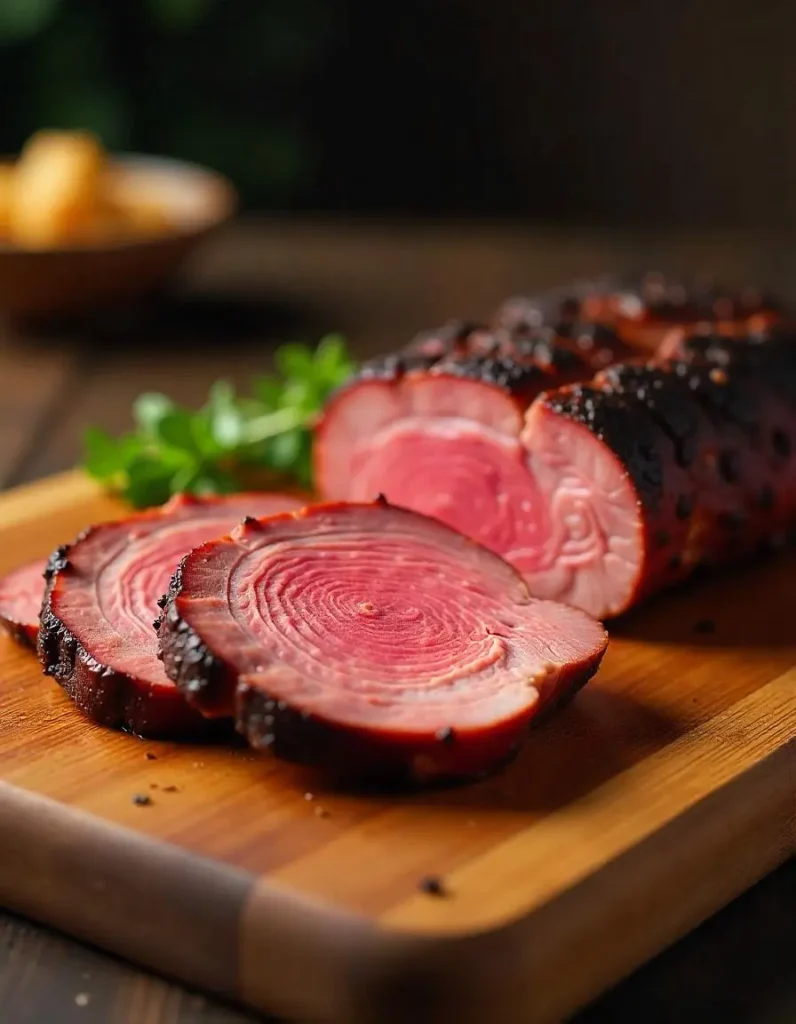 Close-up of a sliced brisket on a wooden cutting board, showing the difference between the flat and point cuts, with a rich, smoky crust.