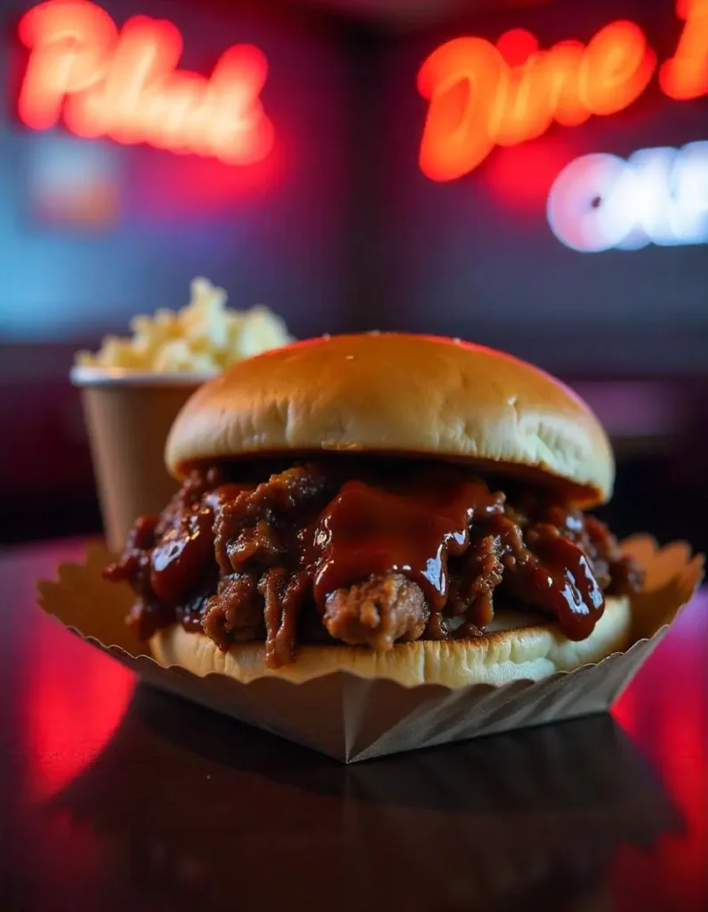 A saucy BBQ brisket sandwich on a brioche bun, topped with coleslaw and pickles, served with a side of crispy fries.