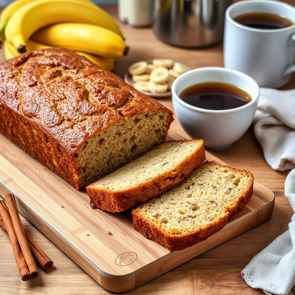 Freshly baked banana bread and pumpkin bread side by side on a wooden cutting board, highlighting their moist texture and golden-brown crusts.