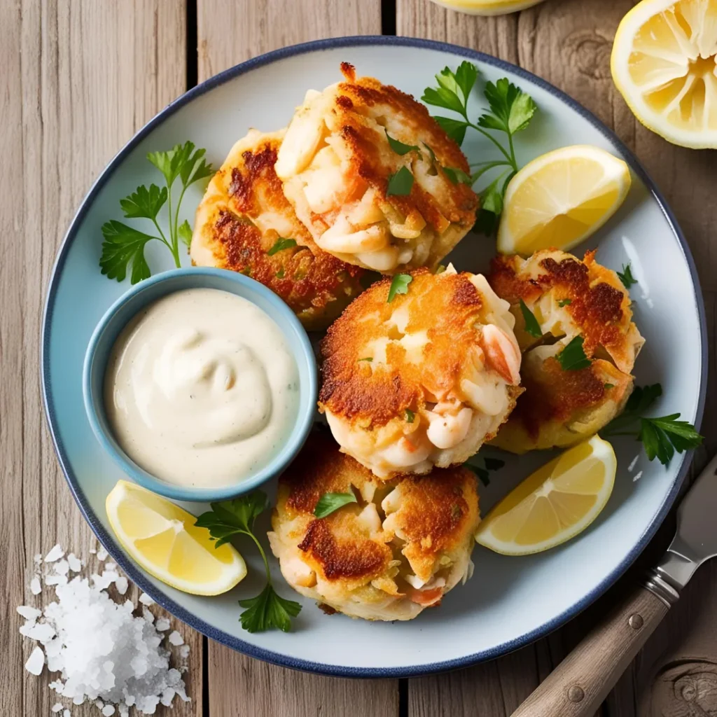 Golden crispy Crab Cake Recipe with lump crab meat, served with lemon wedges and remoulade sauce on a white plate.