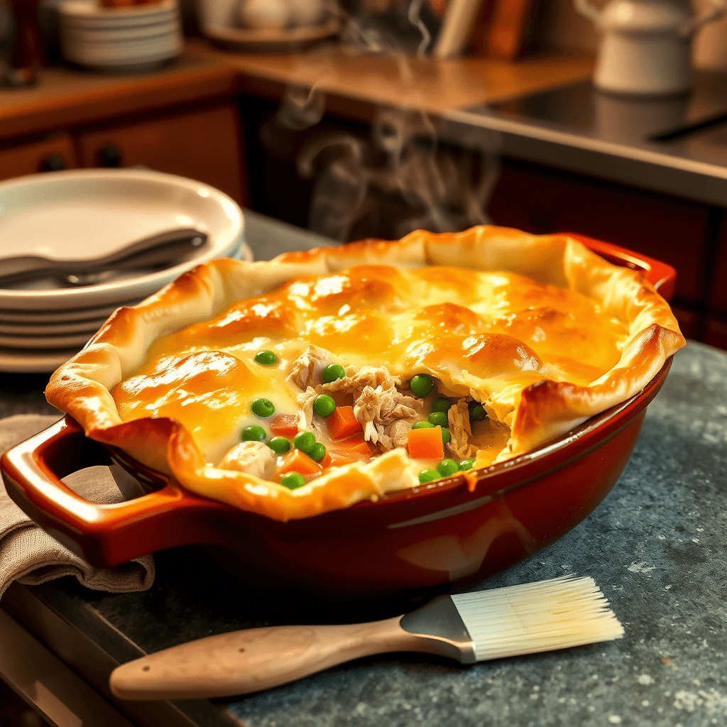 Easy chicken pot pie casserole topped with golden, flaky puff pastry and filled with creamy chicken and vegetables.