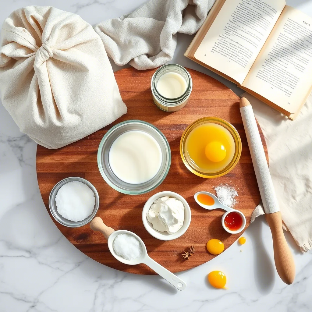 Gipfeli recipe ingredients with flour, butter, milk, egg, and baking tools on a wooden surface
