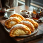 Golden, flaky Swiss Gipfeli pastry on a white plate with fruit and jam