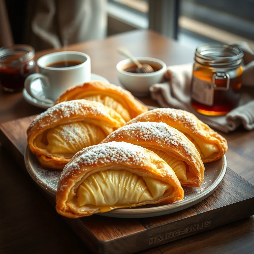 Golden, flaky Swiss Gipfeli pastry on a white plate with fruit and jam