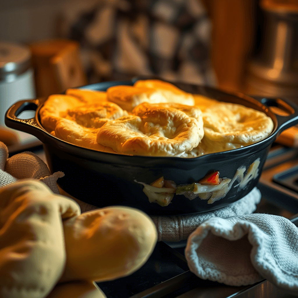 One-pan chicken pot pie casserole with golden crust, creamy filling, and fresh vegetables — perfect for busy weeknights.
