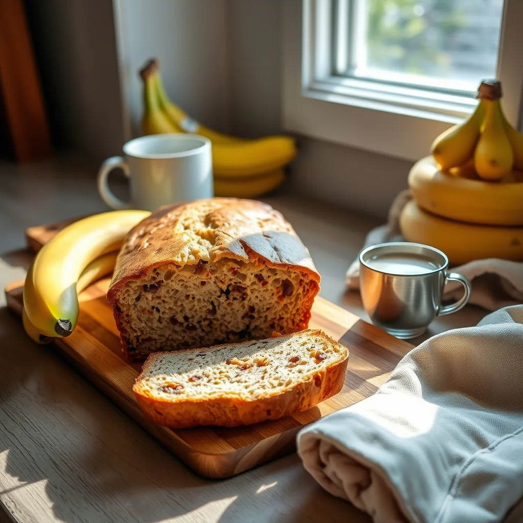 Freshly baked banana bread sliced on a wooden board beside a cozy mug of tea, inviting and comforting.