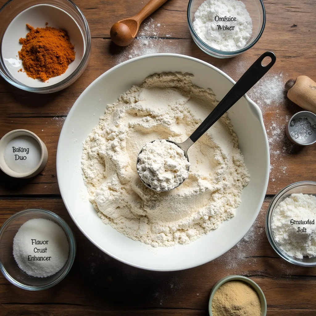 Dry ingredients for perfect muffins: all-purpose flour being spooned into a measuring cup, baking powder, baking soda, sugar, and cinnamon arranged in small bowls on a rustic wooden table