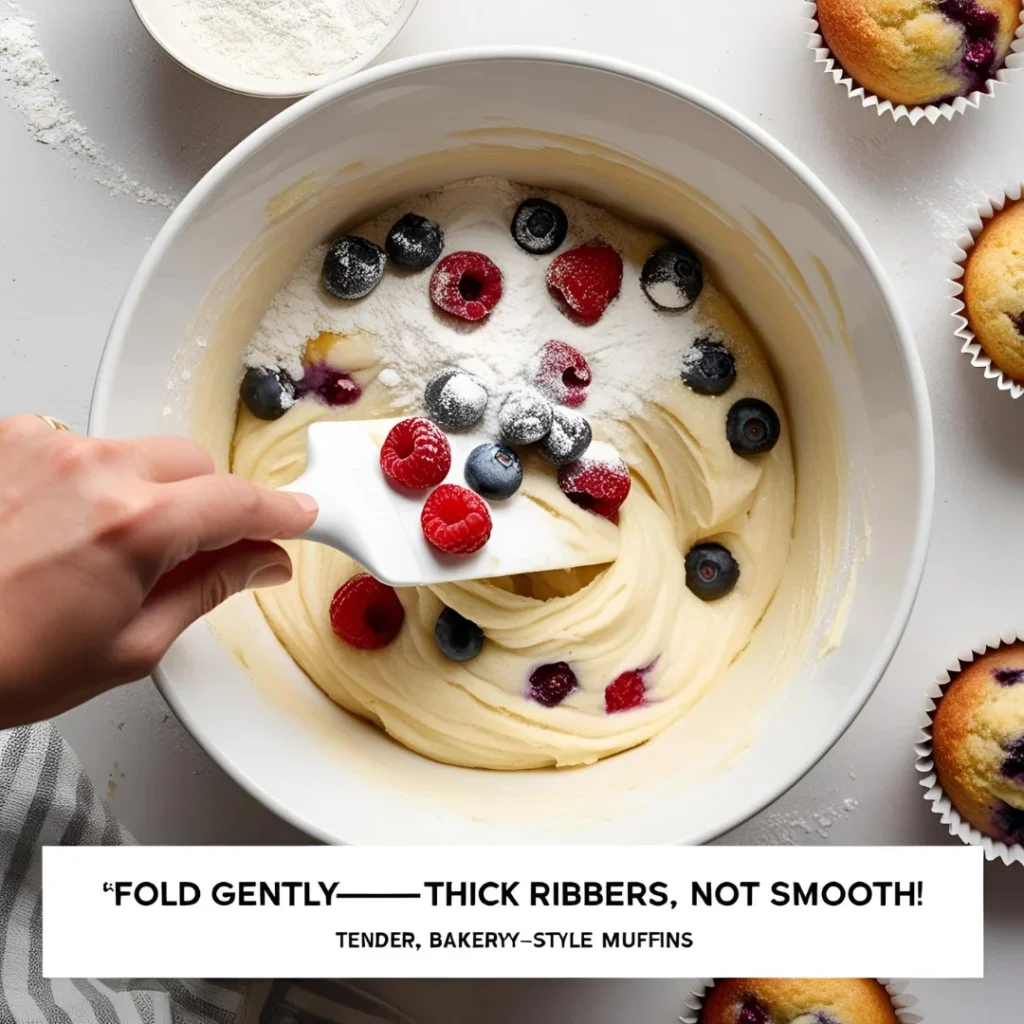 Gentle folding technique for muffin batter: Rubber spatula mixing flour-coated blueberries into thick batter, showing streaky texture with visible flour pockets to prevent overmixing.