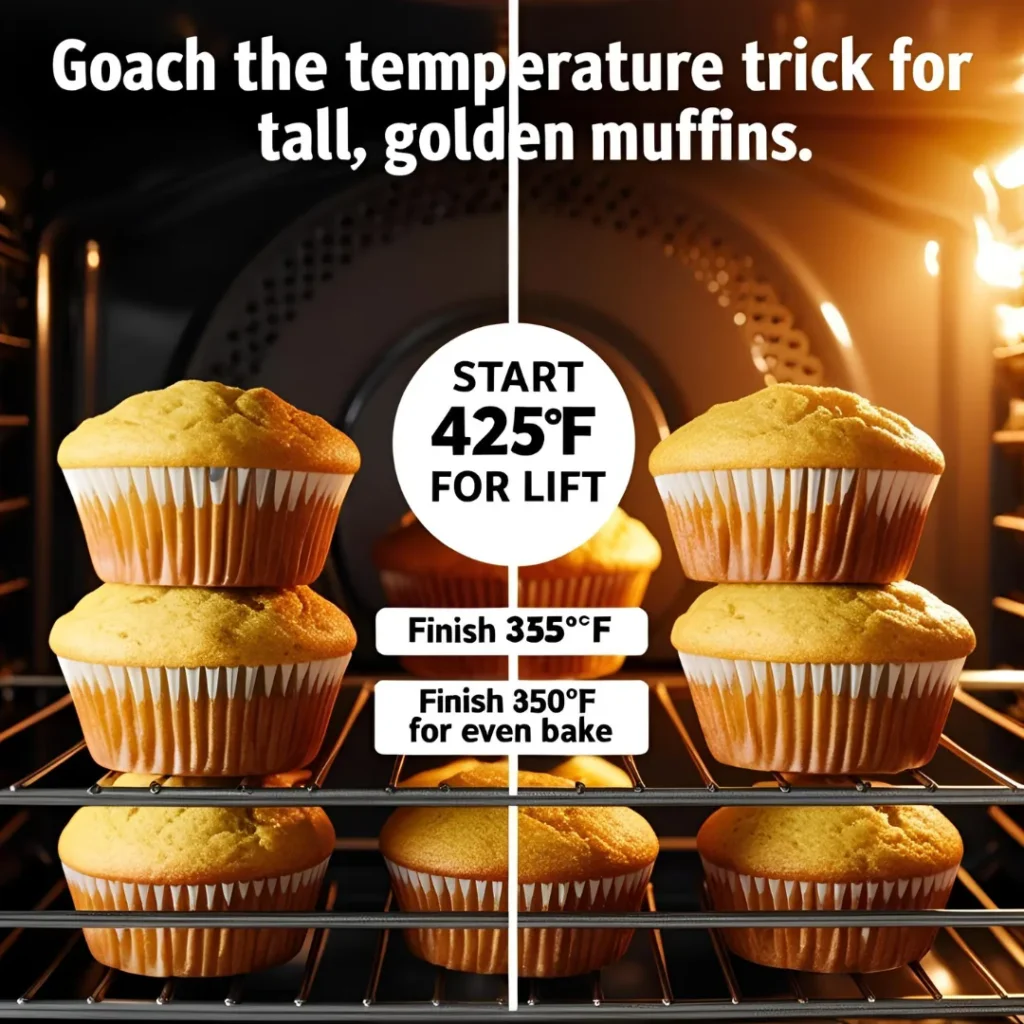 Muffin baking temperature trick: Oven thermometer showing 425°F as muffin tin with domed batter is placed inside, demonstrating the high-heat start for perfect rise.