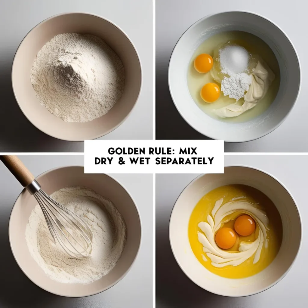 Proper muffin mixing technique: Dry ingredients (flour, baking powder, sugar) in one bowl and wet ingredients (eggs, milk, melted butter) in another, showing separate preparation before combining to prevent overmixing.