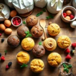 en delicious muffin varieties made from one easy batter - blueberry muffins, chocolate chip muffins, banana nut muffins, and lemon poppy seed muffins arranged on a rustic wood table with baking tools