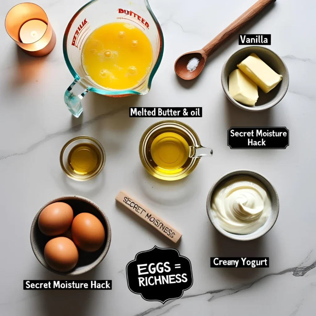 Wet ingredients for ultra-moist muffins: eggs, buttermilk, melted butter, vegetable oil, and vanilla extract being combined in a glass mixing bowl, with sour cream being added as secret ingredient